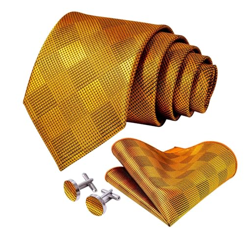 5PCS Mens Silk Tie, Pocket Square, Cufflinks, Drilled Tie Ring and Lapel Pin Set for Wedding Groom Party - color: Gold Tie Set -127