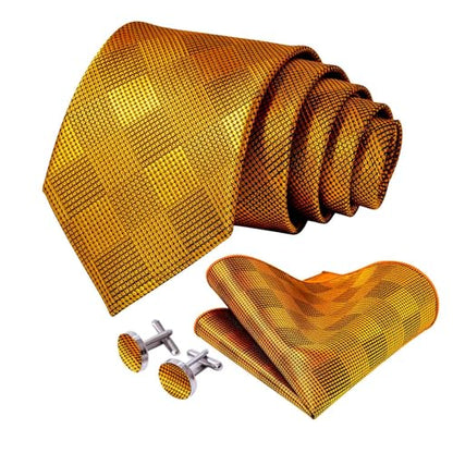 5PCS Mens Silk Tie, Pocket Square, Cufflinks, Drilled Tie Ring and Lapel Pin Set for Wedding Groom Party - color: Gold Tie Set -127
