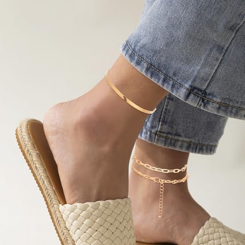 Ankle Bracelets for Women 12 Pcs Gold/Silver Plated Layered Cuban Link Chain Anklets Set Summer Boho Jewelry Anklets - style: 10 Chains & 2 Round Chains