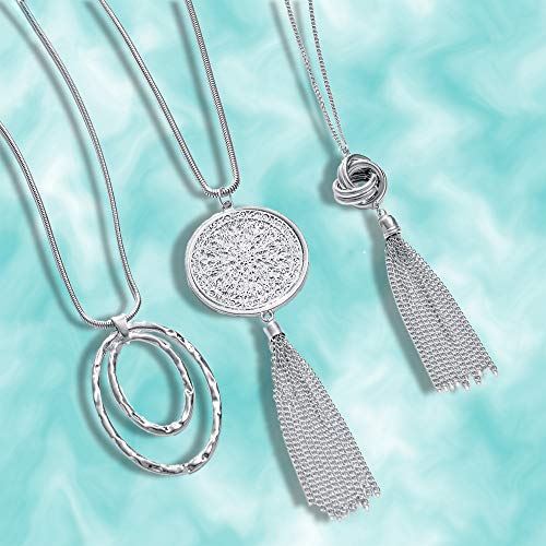SEVENSTONE 3PCS Long Pendant Necklaces for Women Knot Disk Circle Tassel Statement Sweater Necklace Set - color: Silver-6P