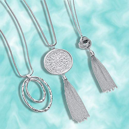 SEVENSTONE 3PCS Long Pendant Necklaces for Women Knot Disk Circle Tassel Statement Sweater Necklace Set - color: Silver-6P