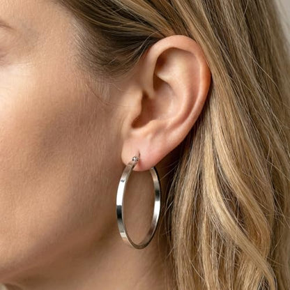 RoseJeopal 925 Sterling Silver Flat Hoop Earrings for Women 20/30/40/50MM | 14K White Gold Plated, Hypoallergenic, Lightweight, Flat Hoop, Jewelry Gift - color: Silver-40MM