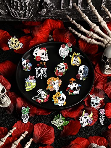 BBTO 20 Pieces Enamel Pins Skull Spooky Skeleton Enamel Pins Set Black Decorative Cartoon Goth Skull Horror Dark Brooch Cute Lapel Buttons for Jacket Backpack Hat Halloween - style: Lively
