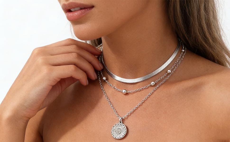 Necklaces 14K Silver Plated Three-Layer Set Shiny Ball Small Chain Circle Pendant Opulent Jewelry Lobster Clasp Adjustable Extende - style: 14K Silver 3-Layered+Bead Chain+Snake Chain