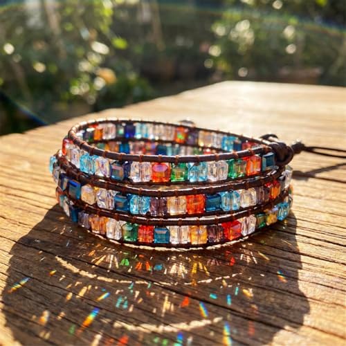 YGLINE Natural Stone Wrap Bracelet for Women Boho Bracelets Healing Crystal Beaded Bracelet Adjustable 3/5 Wraps Bracelet Handmade Birthday Gifts for Women - color: crystal cube