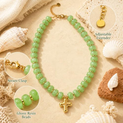 Colorful Resin Chunky Beaded Necklace for Women Modern Statement Choker Necklace with Gold Tone Cross Pendant Boho Summer Jewelry Gift - color: Sage Green-1