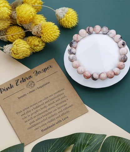 BOMAIL Natural Stone Beaded Bracelet for Women Men | 8mm Round Beads,Healing Crystal,Semi-Precious Gemstone,Yoga,Stretch,Bracelets Jewelry Gift - color: Pink Zebra Stone