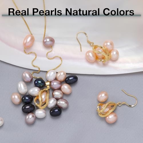 Pearl Jewelry Set For Women S925 Sterling Silver/14K Gold Plated Necklace & Earrings Set Freshwater Pearl Pendant Cage Set for Wedding Anniversary Prom Birthday Gift - color: Golden-Pink