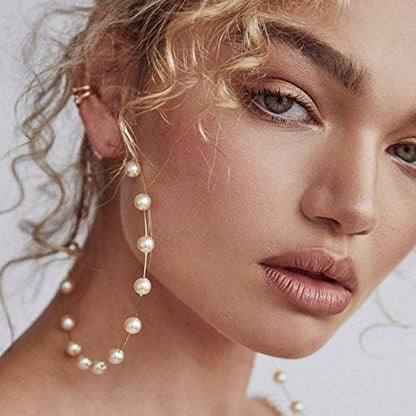 Jumbo Huge Hoops Large Pearls Thin Gold Silver Dangle Lightweight Fashion Chic Jewelry Gift for Women - size: free silver