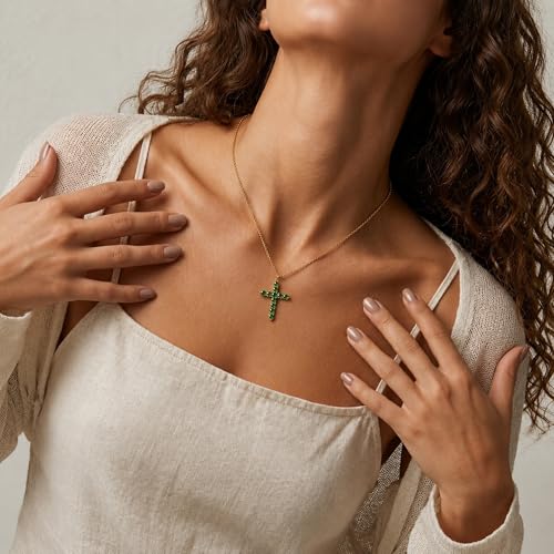 Cross Necklace for Women, Silver Cross Pendant Necklaces | 14K Gold Plated, Dainty CZ Cross Necklace, Non Tarnish and Hypoallergenic Jewelry for Women, Christian Religious Faith Gifts - color: A-Emerald Green-Gold