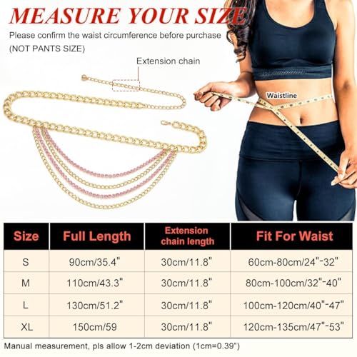 Suyi Multilayer Chain Belt Rhinestone Metal Chain Belts for Women Punk Gold Waist Chain - color: Gold Pink, size: M: 110 CM