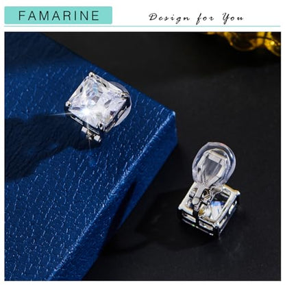 FAMARINE CZ Clip on Earrings for Women Clip Earring Non-pierced Earrings - style: Big Square Silver