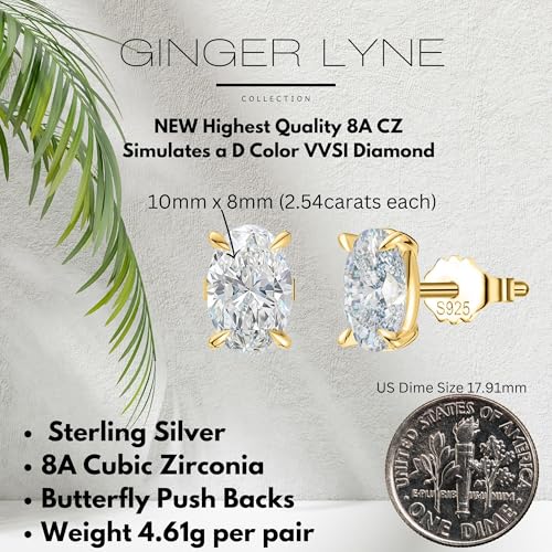 Ginger Lyne 5Ct Oval Cubic Zirconia Stud Earrings 10mm for Women | Sterling Silver Earrings 10mm Oval Cubic Zirconia Stone 14K Gold Plated and White Gold Plated Options, Push Back Stud Setting - color: Gold