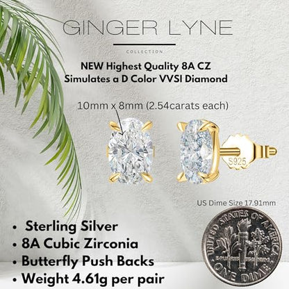 Ginger Lyne 5Ct Oval Cubic Zirconia Stud Earrings 10mm for Women | Sterling Silver Earrings 10mm Oval Cubic Zirconia Stone 14K Gold Plated and White Gold Plated Options, Push Back Stud Setting - color: Gold