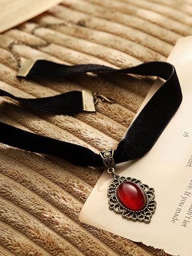 Red Velvet Victorian Choker, Black Choker, Gothic Goth Vintage Necklace | Zinc Alloy, Glass, Velvet, 12.6 in & 4.3 in extender chain, Gothic Vintage Steampunk Jewelry, Halloween Costumes Jewelry
