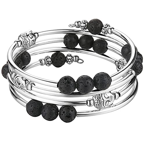 PEARL&CLUB Beaded Chakra Bangle Turquoise Bracelet - Fashion Jewelry Wrap Bracelet with Thick Silver Metal and Mala Beads, Birthday Gifts For Women - color: 58-lava bead