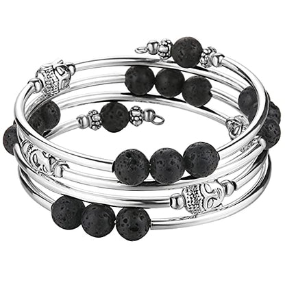 PEARL&CLUB Beaded Chakra Bangle Turquoise Bracelet - Fashion Jewelry Wrap Bracelet with Thick Silver Metal and Mala Beads, Birthday Gifts For Women - color: 58-lava bead