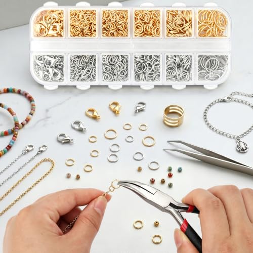 1200 Pcs Open Jump Rings, Jump Rings for Jewelry Making, Necklace Keychain Repair Kit with Making Tools Tweezer, Plier, Lobster Claw Clasps, Open Rings for DIY Crafts Keychains - color: Sliver+Gold