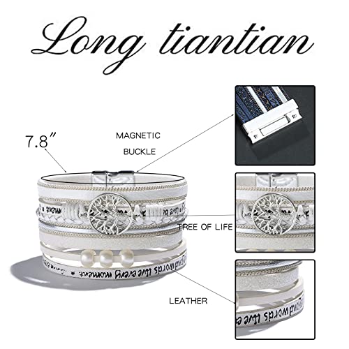Long tiantian Boho Western Bracelets for Women Leather Wrap Bracelets Turquoise Bracelet Western Jewelry Country Concert Outfits - color: mama gift（white）