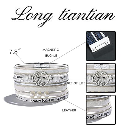 Long tiantian Boho Western Bracelets for Women Leather Wrap Bracelets Turquoise Bracelet Western Jewelry Country Concert Outfits - color: mama gift（white）