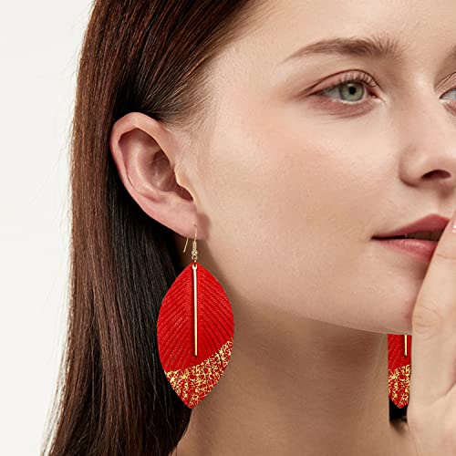 Bohemian Handmade Lightweight Color Large Genuine Soft Leather Fringe Feather Leaf Tear Dangle Drop Earrings for Women Statement - color: 2-Light red