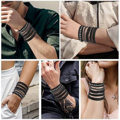 6-12PCS Braided Faux Leather Bracelet Punk Cuff Wrap Bracelets for Men Women Adjustable - color: E3:5PCS