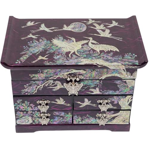 February Mountain Mother of Pearl Handcrafted Mother-of-Pearl Jewelry Box with Traditional Korean Design Mother's day Graduation Birthday Gifts for Women - style: Crane_Purple