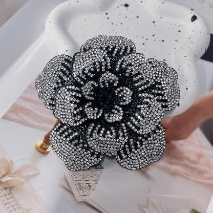 Rhinestone Flower Brooch Pin for Women Men Elegant Sparkly Crystal Camellia Floral Lapel Pins Shawl Dress Suit Clothes Accessories Wedding Party Fashion Jewelry 105mm - color: White Black