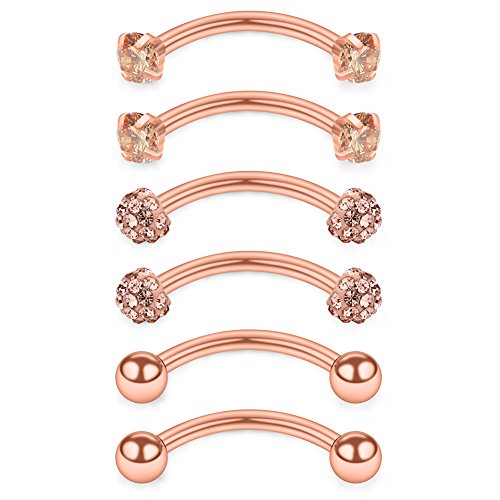 SCERRING 16 Gauge 10mm Curved Barbell Eyebrow Belly Lip Tragus Ring Piercing Jewelry - color: 6PCS - Rose Gold