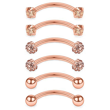 SCERRING 16 Gauge 10mm Curved Barbell Eyebrow Belly Lip Tragus Ring Piercing Jewelry - color: 6PCS - Rose Gold
