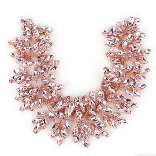 Missgrace Women Silver Green Black Red Blue Handmade Full Crystal Rhinestone Large Headband Hair Vine Shinny Headpiece Bridal Wedding Hair Accessories for Women (Rose gold pink) - color: Rose gold pink