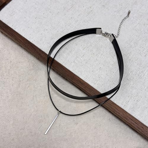 MIFYNN Heart O ring Slip Chain Necklaces for Women Stainless Steel Cuban Chain Bar Necklace Punk Rock Collar Necklace Handmade Adjustable Lariat Y Necklaces for Men - color: Black leather bar