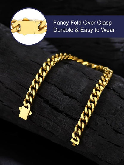 Bandmax Mens Hip Hop Cuban Link Bracelets 5/7/9/12MM Stainless Steel Miami Curb Chain Bracelet Silver/Gold Plated/Black Wristlet Chains for Men 7"-9" - color: 06 7MM-Gold
