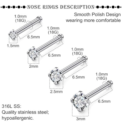 18G 20G 22G Titanium Stainless Surgical Steel Nose Rings Studs for Women L Shaped Nose Studs Screw Nose Ring Piercing Jewelry for Women Men Diamond CZ 1.5mm 2mm 2.5mm 3mm Silver Black Gold - style: 18g/Clear CZ/Straight/Silver