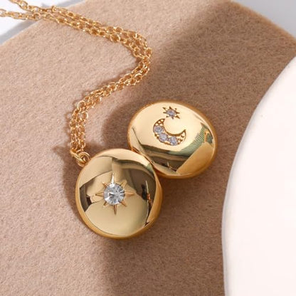 Locket Necklace for Women, Vintage Dainty Gold Heart Oval Butterfly Star Moon Engraved Picture Photo Lockets Pendant Necklaces Memorial Necklace Personalized Jewelry Valentine Gifts - style: Star Moon Round