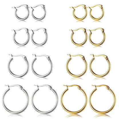 ORAZIO Stainless Steel Hoop Earrings Set Huggie Earrings for Women | Hypoallergenic Thin Small Non Tarnish Lightweight Dainty Trendy 10-20MM Women Stacks Multiple Piercing Jewelry Gift - style: E: Silver-tone,4 pairs,Gold-tone,4 pairs