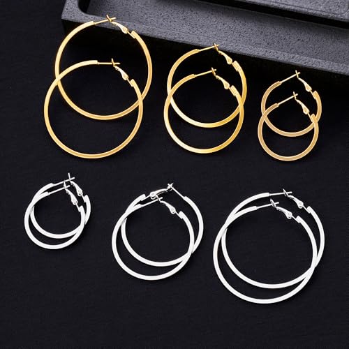 5/12 Pairs Gold Silver Plated Hoop Earrings for Women, Hypoallergenic Stainless Steel Hoops Earrings Set, Lightweight Large Small Hoops Women Earrings Loop Earrings Set - color: 6 Pairs Gold Silver Plated Square Wire Hoop Earrings