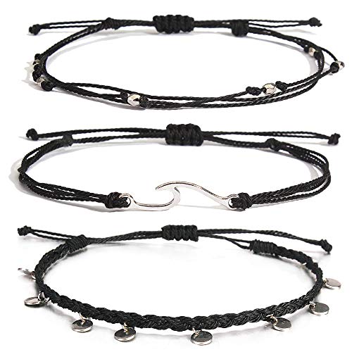 Waterproof String Anklets Cute Beaded Ankle Bracelets Beach Wave Anklet Stainless Steel Coin Boho Ankle Jewelry for Women - color: Black