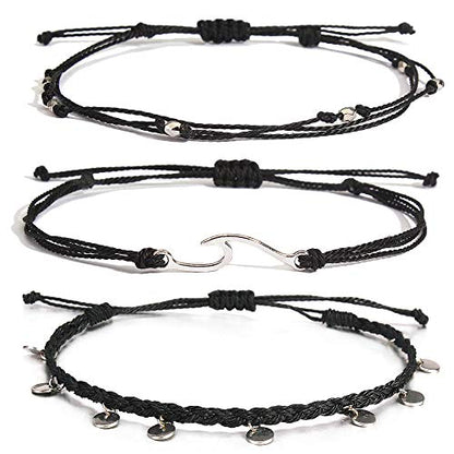 Waterproof String Anklets Cute Beaded Ankle Bracelets Beach Wave Anklet Stainless Steel Coin Boho Ankle Jewelry for Women - color: Black