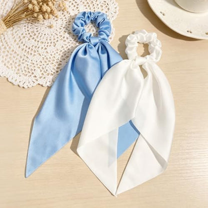 4 Pcs Blue Bow Hair Ties Set, Ribbon Scrunchies Hair Scarf for Women Girls, Cute Bow Scrunchies Hair Accessories, No Damage Hair Ties for Thick/Thin Hair - color: Blue&White Set