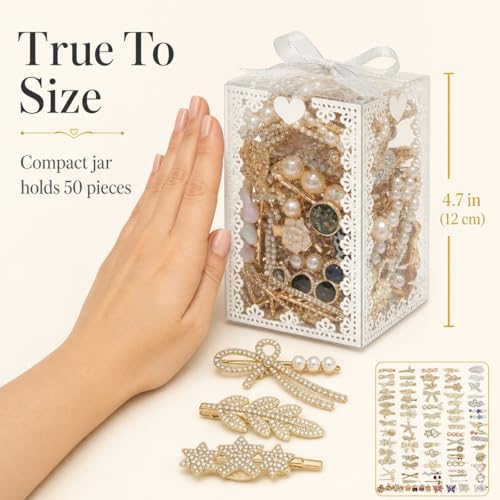 50Pcs Hair Clips for Women & Girls - No Duplicates Assorted Hair Accessories Set in Clear Display Box | Faux Pearl, Resin, Rhinestone & Gold-Tone Barrettes, Snap & Bobby Pins