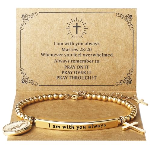DS Inspirational Bracelet for Women Christian Engraved Bibler Verse Cross Butterfly Daisies Charm Bracelet, Exquisite Stainless Steel Jewelry Daughter Best Friend Bestie - style: I am with you always-Gold