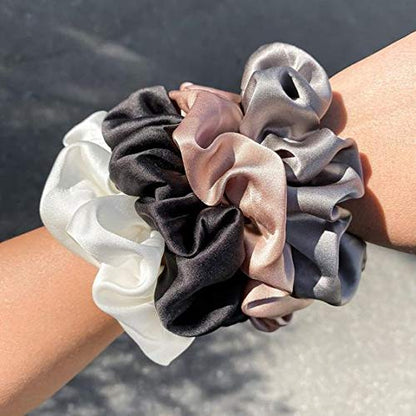 OLESILK 100% Mulberry Silk-Scrunchies for Hair Sleep, Women Grils Silk Hair Ties for Frizz & Breakage Curly Hair, No Damage, Elastics Ponytail Holder, 3 Pack - color: 3pcs, Black-Navy-Grey