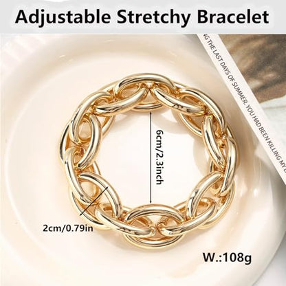 Chunky Gold Bracelet for Women Non Tarnish, Trendy Stretch Cuban Link Chain Plated Gold Bangle Bracelets - color: O-Chain-Gold