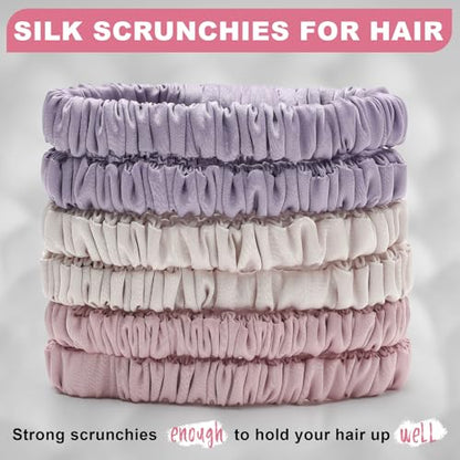 6Pcs Silk Hair Ties 100% Pure Mulberry Silk Scrunchies for Women Girls | No Hair Crease, Anti Frizz, Gentle Hold, No Damage, Color 08 - color: Purple&Pink&Beige