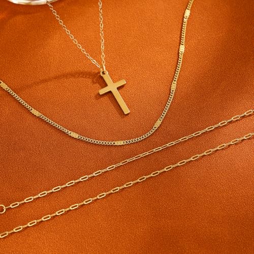 Cross Necklace for Women Dainty Layered Stainless Steel Silver Chain Necklace Stack Trendy Charm Pendant Necklaces Jewelry Set - color: Gold