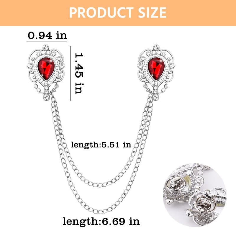 Teardrop Rhinestone Brooch Mens Lapel Pins for Shirt Collar Hanging Chain Brooch Suit Pin Crystal Rhinestone Lapel Pins for Men - color: Red-J