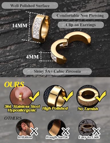 Jstyle Mens Clip On Hoop Earrings, Non Piercing Huggie Hoops for Men Women | Stainless Steel Hoops for Non-Pierced Ears, 14K Gold Plated/Silver Fake Earrings for Halloween/Party, Christmas Jewelry Gift - color: Gold