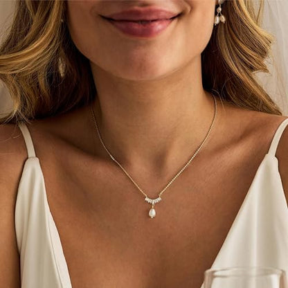 Pearl Necklaces for Women,Dainty Gold Pendant Necklaces Waterproof Jewelry | 14K Gold Plated Pearl Necklaces,Dainty Elegant Wedding Necklace,Small Cute Adjustable Minimalist Necklace,Non Tarnish Jewelry - color: GOLD-12