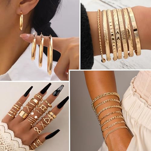 MEDOJO 93 Pcs Golden Jewelry Set for Women Costume Jewelry Pack Golden Plated Necklace Bracelet Stackable Ring Earrings Jewelry for Christmas New Year